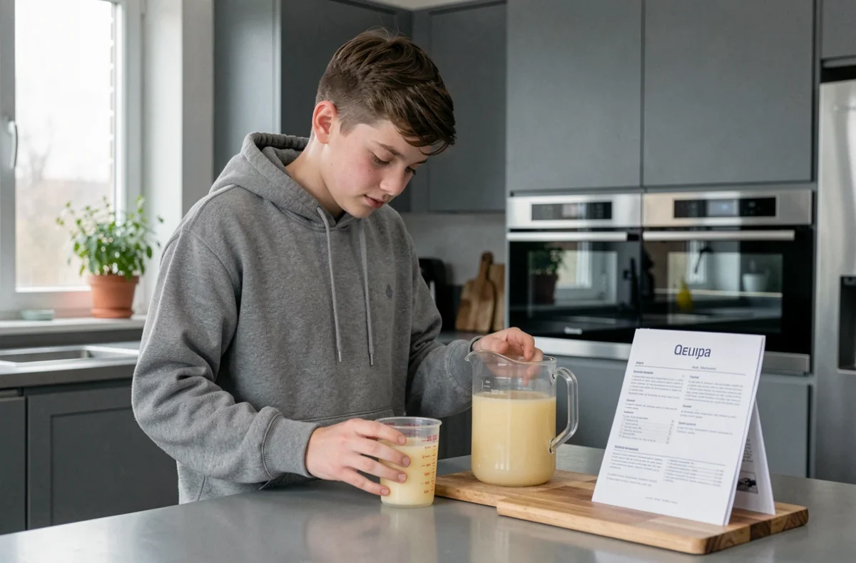Adolescent comparant une tasse de 300 ml et un pichet d'un litre dans une cuisine moderne pour apprendre à convertir les mesures de cuisine