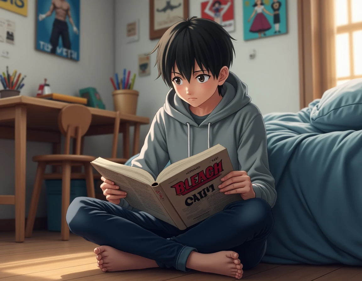 Adolescent lisant un tome de Bleach sur le sol de sa chambre entourée d'affiches d'anime
