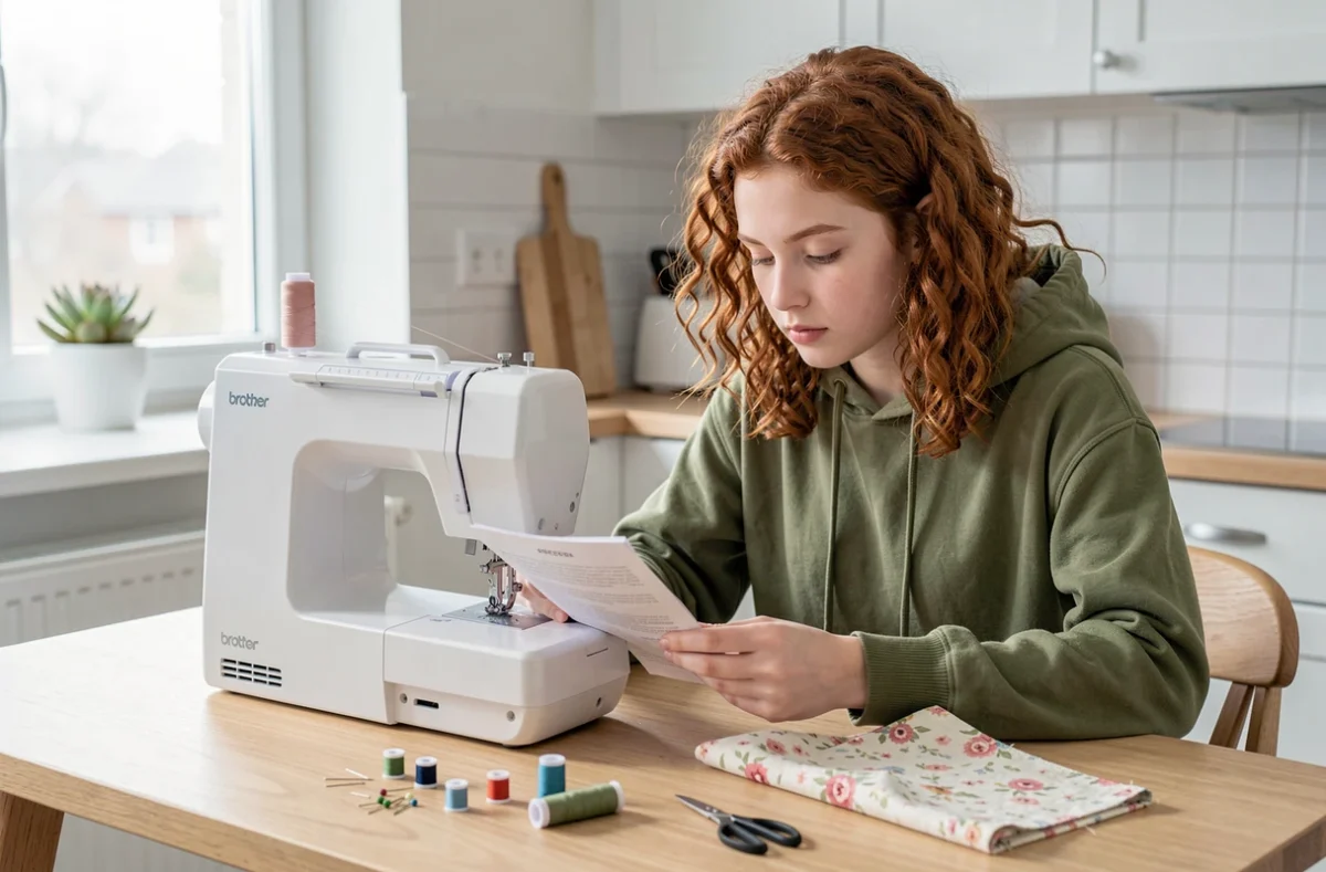 Jeune adolescente lisant le manuel d'une machine à coudre Brother KE14 blanche sur une table de cuisine scandinave lumineuse