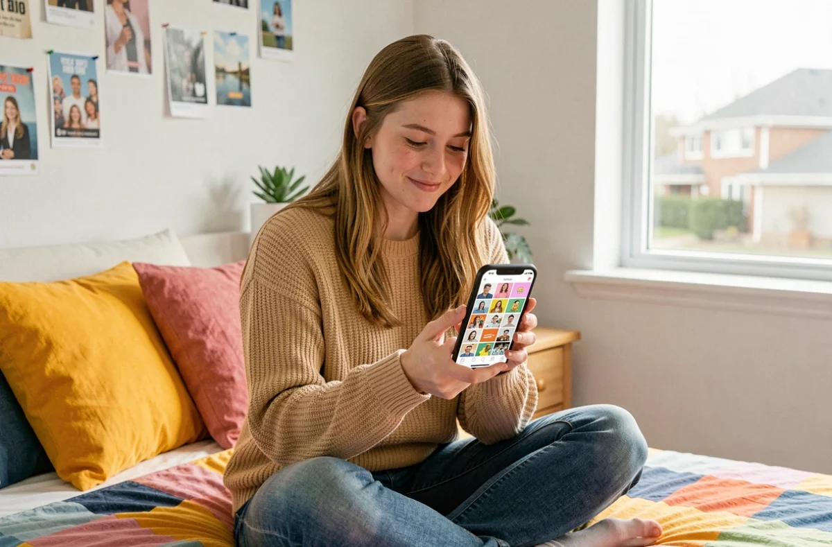 Adolescente parcourant un site de GIF animés gratuits sur son smartphone dans sa chambre