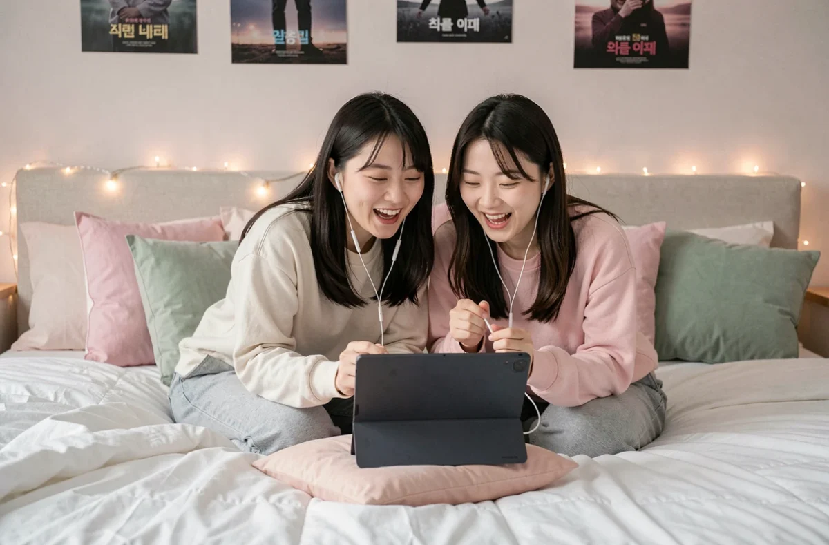Deux amies regardant ensemble un drama asiatique sur une tablette dans une chambre cosy
