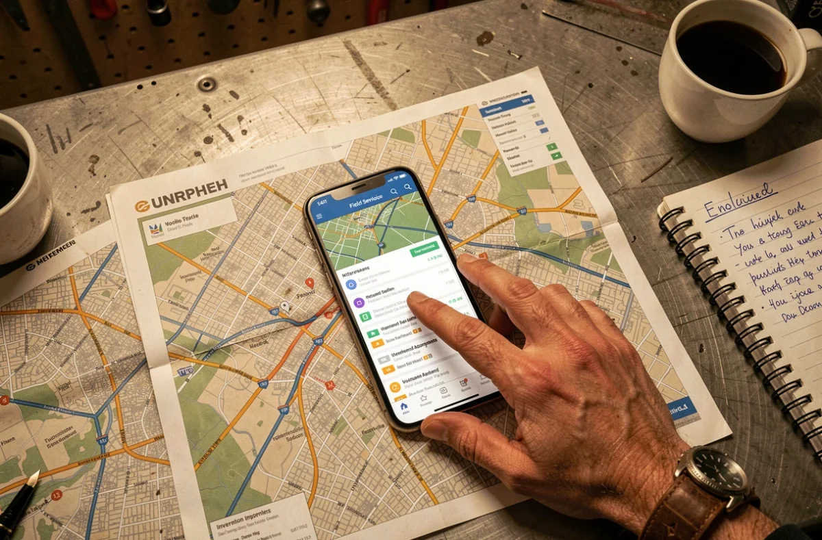 Vue aérienne d'un smartphone affichant une application de tournées d'intervention posé sur une carte papier avec notes manuscrites