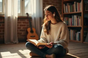 Jeune femme apprenant l'espagnol avec de la musique et un manuel de langue dans un appartement cosy