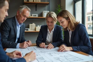 Architecte femme en réunion avec un couple et plans