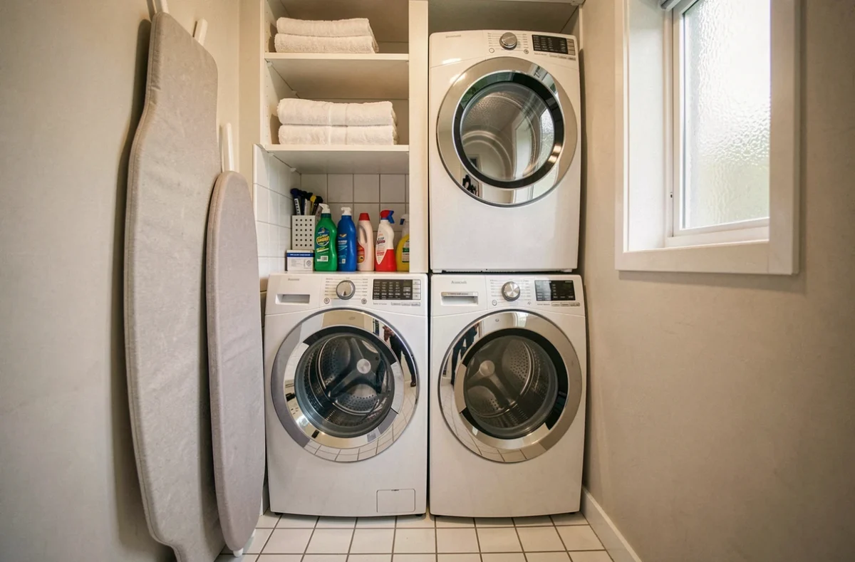 Buanderie bien équipée avec lave-linge et sèche-linge empilés, rangements muraux et tableau d'organisation des produits ménagers