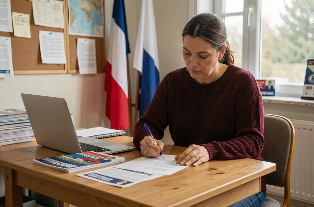 Militante du mouvement Les Patriotes travaillant dans un bureau de campagne en France, entourée de documents et de matériel politique