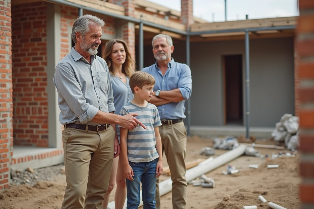 Architecte homme avec famille sur un chantier actif