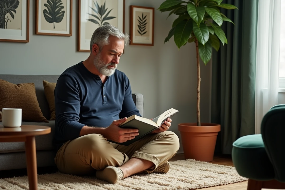 Homme feuilletant un livre de décoration assis sur un tapis boucle dans un coin lecture avec mur galerie et plante fidèle-leaf