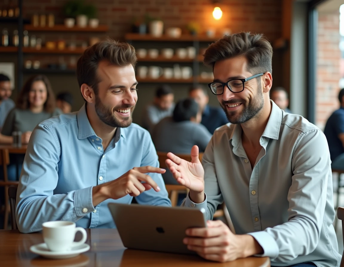 Deux personnes collaborant sur la publication d'annonces en ligne dans un café avec laptops et tablette