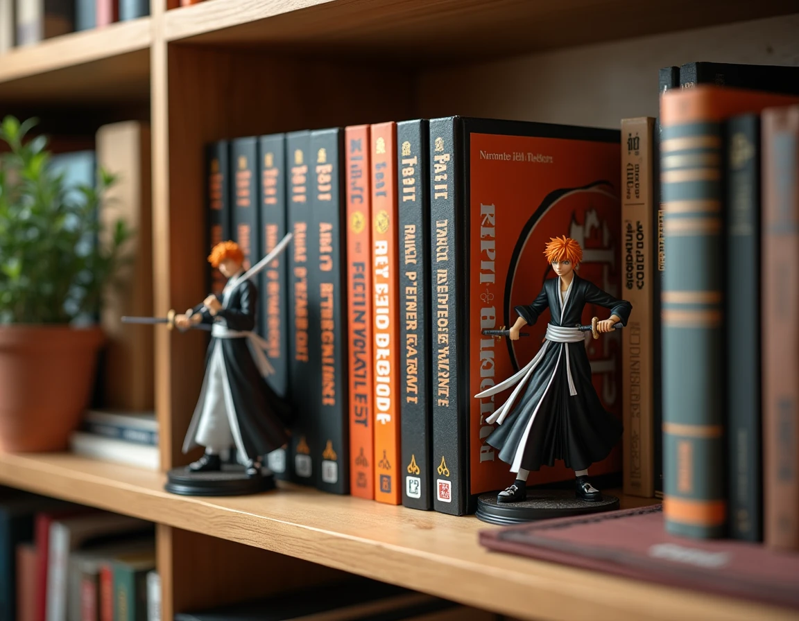 Collection de mangas Bleach et figurines de bankai exposées sur une étagère en bois dans un bureau de fan