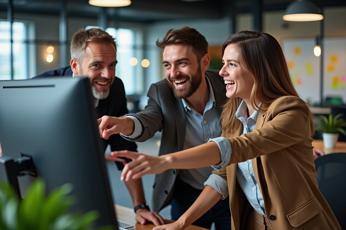 Groupe de collègues réagissant avec surprise à des tendances virales sur un écran d'ordinateur dans un bureau moderne