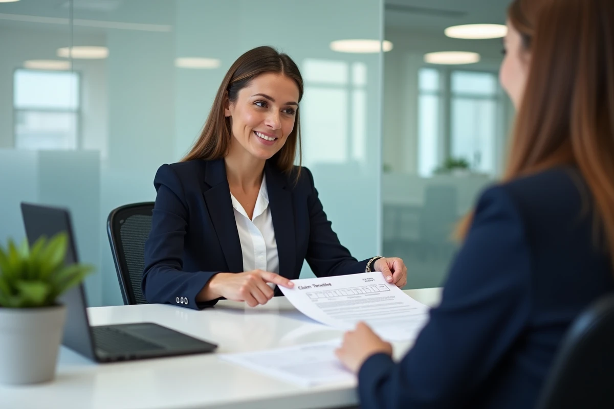 Conseillère en assurance AXA expliquant le délai de remboursement après sinistre à un client en agence