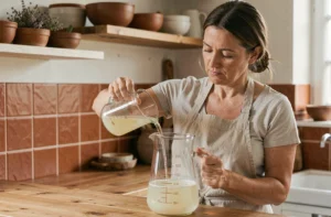 Femme versant 300 ml de liquide dans un pichet d'un litre dans une cuisine maison, avec des ustensiles de mesure en verre sur un plan de travail en bois