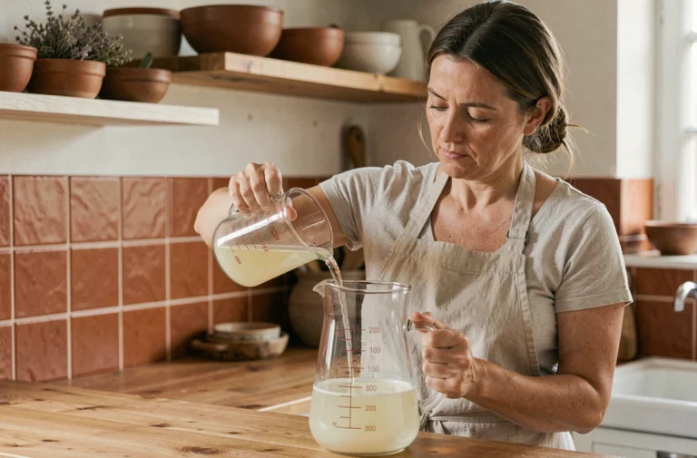 Femme versant 300 ml de liquide dans un pichet d'un litre dans une cuisine maison, avec des ustensiles de mesure en verre sur un plan de travail en bois