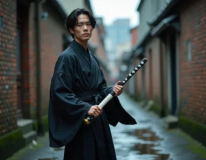 Cosplayeur en tenue de shinigami noir inspirée de Bleach posant dans une ruelle urbaine avec un katana factice
