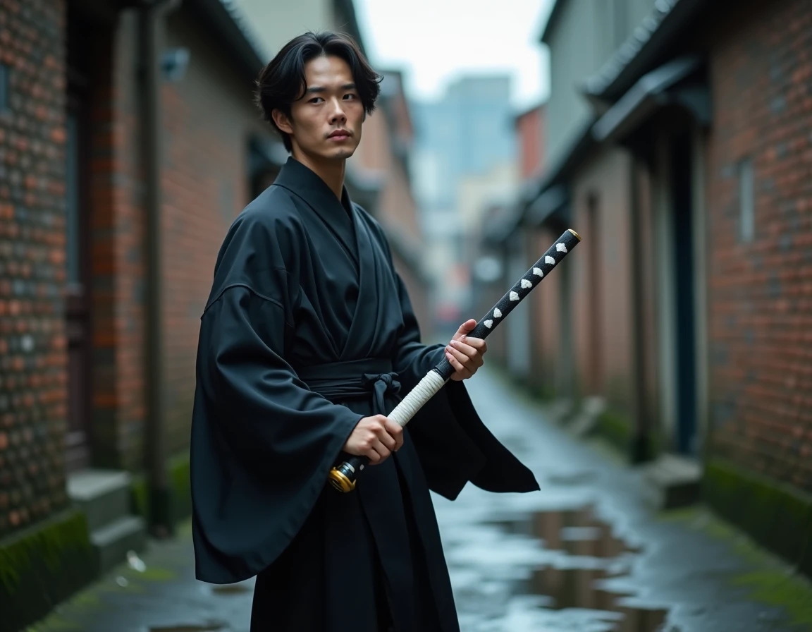 Cosplayeur en tenue de shinigami noir inspirée de Bleach posant dans une ruelle urbaine avec un katana factice