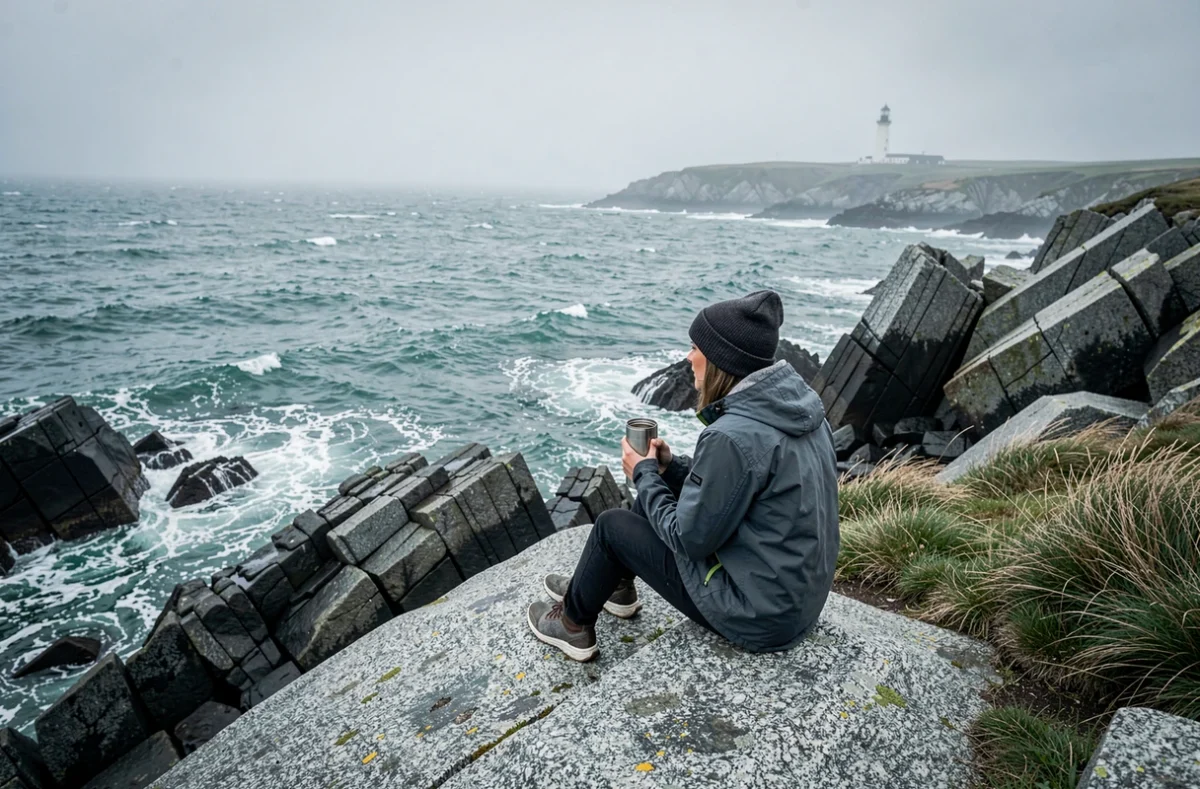 Couple profitant d'un café sur les rochers de la côte bretonne, aventure et évasion nature sur le littoral atlantique français