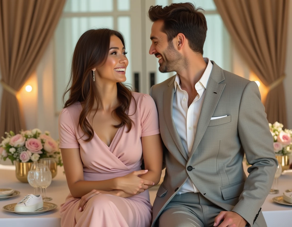 Couple élégant en tenue de mariage avec baskets raffinées dans une salle de réception décorée