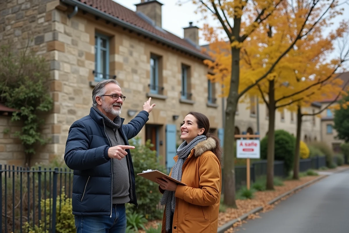 Couple visitant une maison à vendre dans une rue résidentielle française en automne pour un investissement immobilier