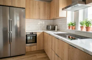 Cuisine moderne équipée avec réfrigérateur en inox, four encastré et plaque à induction sur plan de travail en marbre blanc