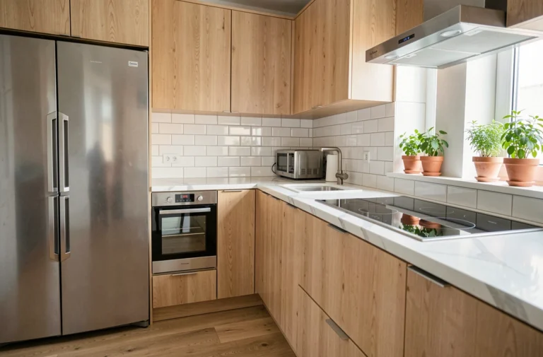 Cuisine moderne équipée avec réfrigérateur en inox, four encastré et plaque à induction sur plan de travail en marbre blanc