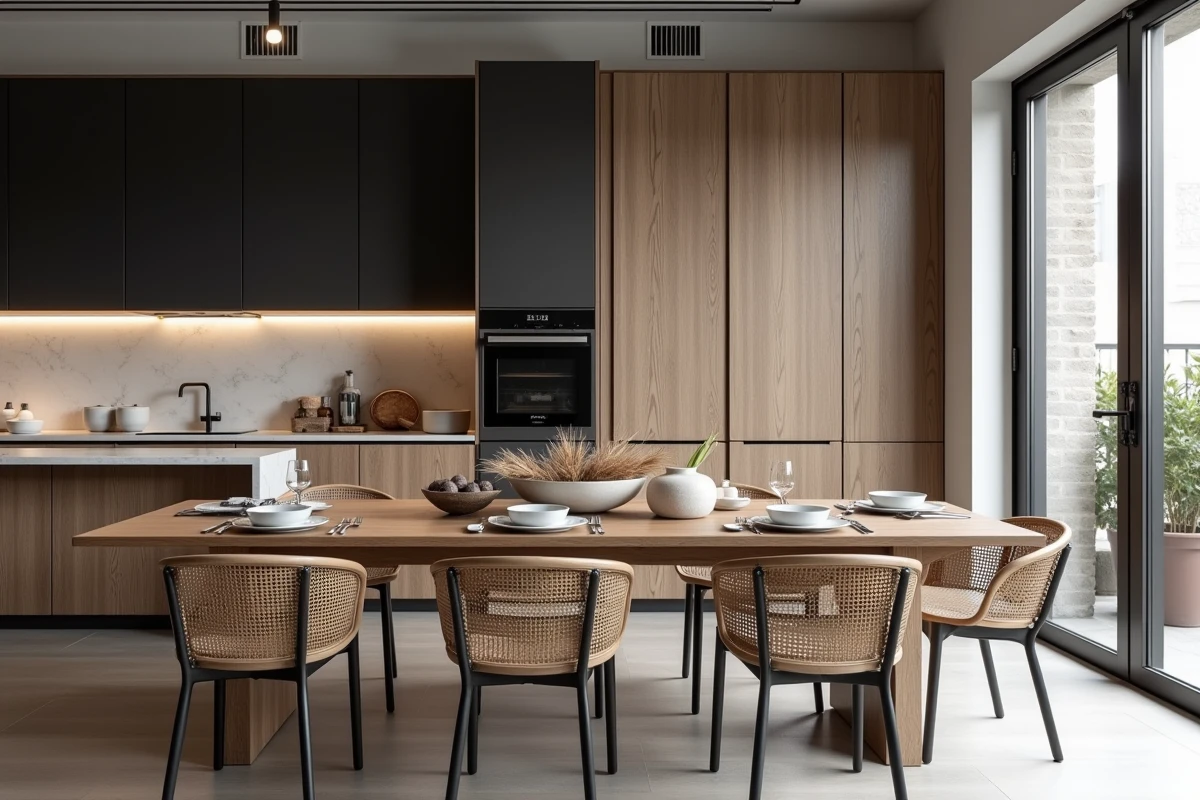 Cuisine ouverte contemporaine avec plan de travail en marbre, placards en chêne et coin repas décoré de vaisselle en grès et herbes séchées