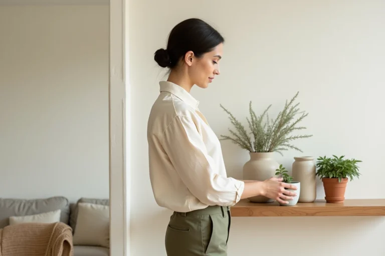 Femme arrangeant des vases et plantes sur une étagère en bois dans un salon scandinave minimaliste aux tons chauds