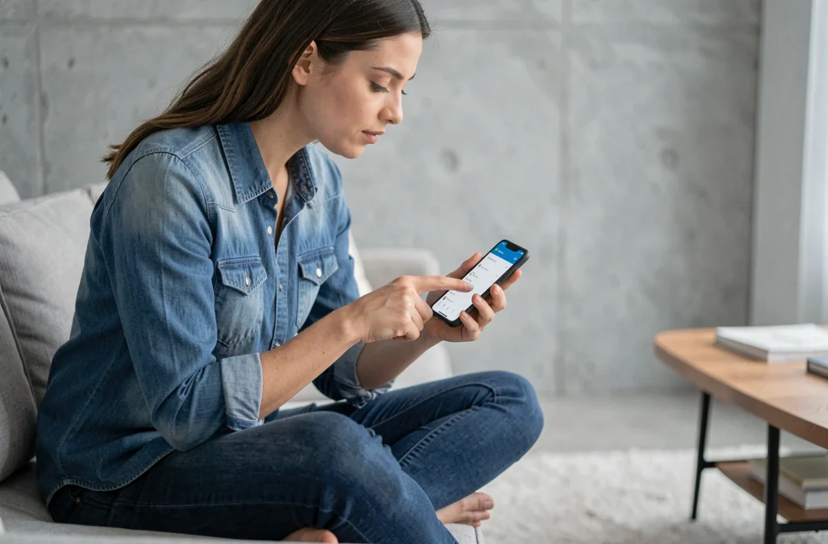 Femme dépannant un bug sur son smartphone Android en naviguant dans les paramètres système depuis son canapé