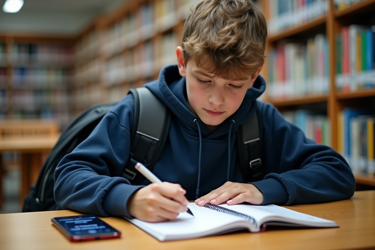 Adolescent étudiant les conjugaisons espagnoles au futur grâce à des chansons populaires dans une bibliothèque scolaire
