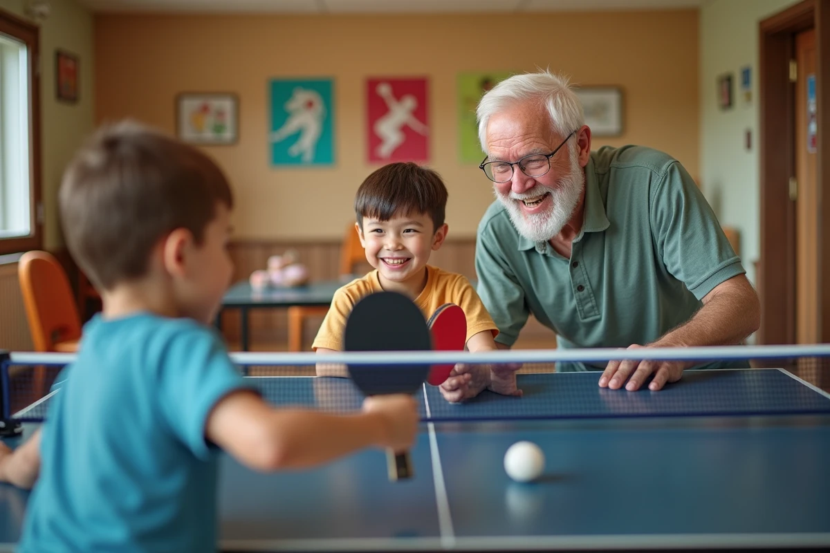 Famille jouant au tennis de table dans une salle chaleureuse