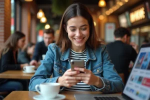 Jeune femme surprise en train de lire des actualités insolites sur son smartphone dans un café urbain moderne