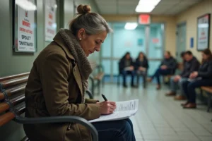 Femme d'âge moyen remplissant un formulaire dans un centre d'aide
