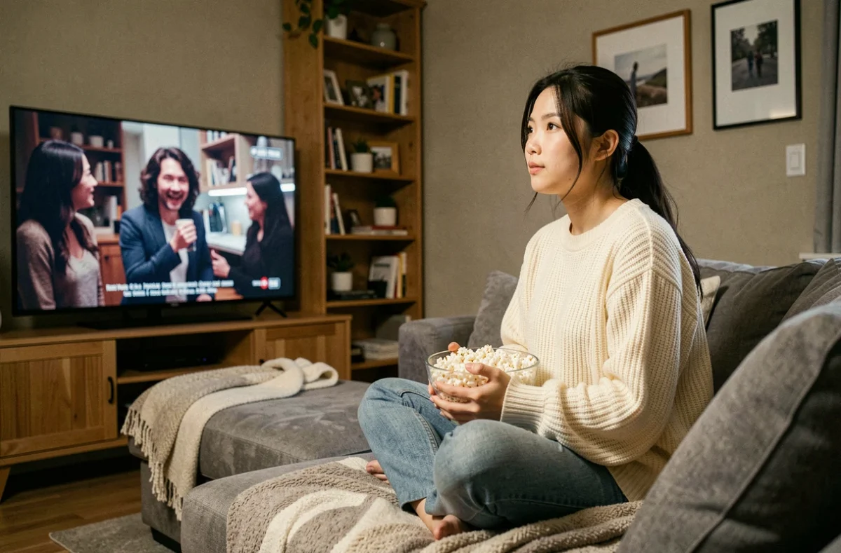 Jeune femme asiatique regardant un drama coréen en streaming sur son canapé avec du popcorn