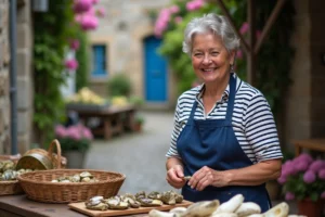 Femme bretonne en tenue traditionnelle arrangeant des huîtres au marché