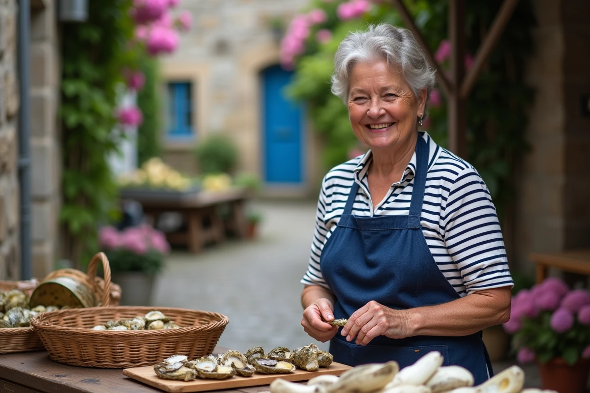 Femme bretonne en tenue traditionnelle arrangeant des huîtres au marché