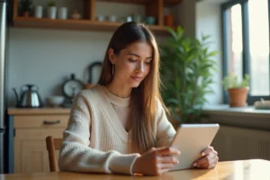 Jeune femme en cuisine consulte ses dépenses mensuelles