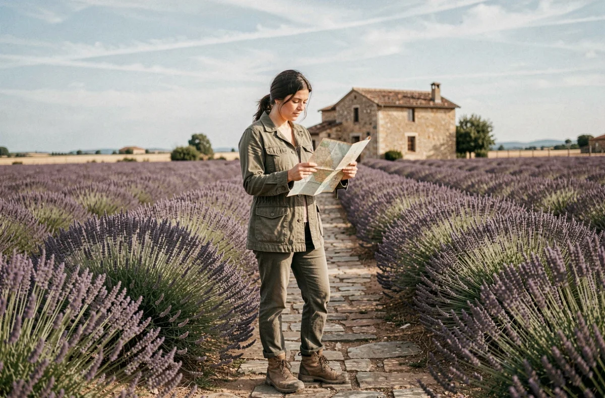 Femme explorant un champ de lavande en Provence avec une carte vintage, escapade nature dans le sud de la France