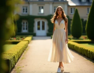 Femme élégante en robe ivoire et baskets blanches minimalistes lors d'un mariage en jardin de château