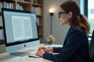 Femme professionnelle convertissant des fichiers WordPad en documents Word sur un ordinateur de bureau dans un bureau moderne