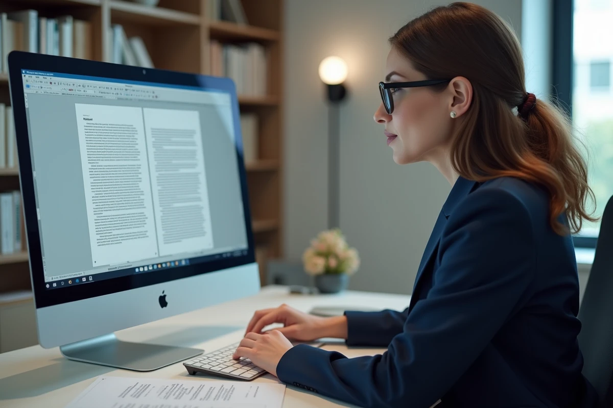 Femme professionnelle convertissant des fichiers WordPad en documents Word sur un ordinateur de bureau dans un bureau moderne