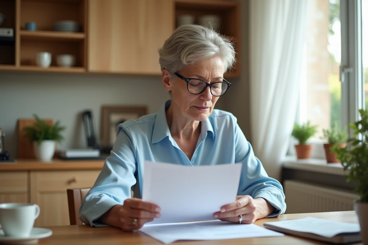 Femme consultant des documents d'assurance AXA à la maison pour suivre son remboursement après sinistre