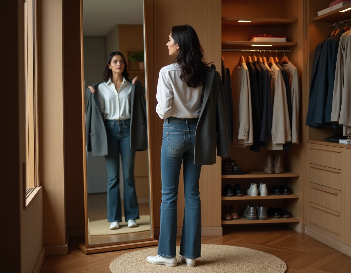 Femme essayant un blazer gris structuré devant un miroir dans un dressing élégant et minimaliste