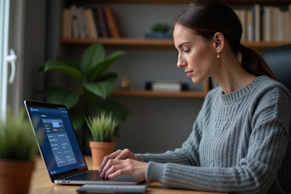 Femme utilisant un gestionnaire de mots de passe sur son ordinateur portable pour protéger ses données personnelles à domicile