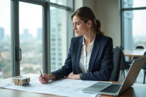 Femme investisseuse immobilière analysant des plans architecturaux dans un bureau moderne avec vue sur la ville