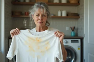 Femme examinant un t-shirt blanc taché dans la buanderie