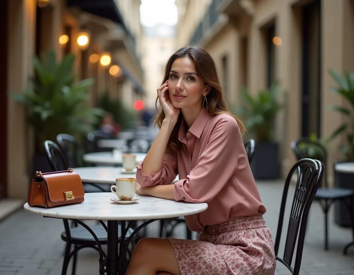 Femme stylée en blouse en soie rose et jupe midi assise à la terrasse d'un café parisien