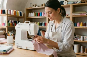 Femme débutante utilisant une machine à coudre Brother KE14 blanche sur un bureau en bois dans un atelier de couture maison