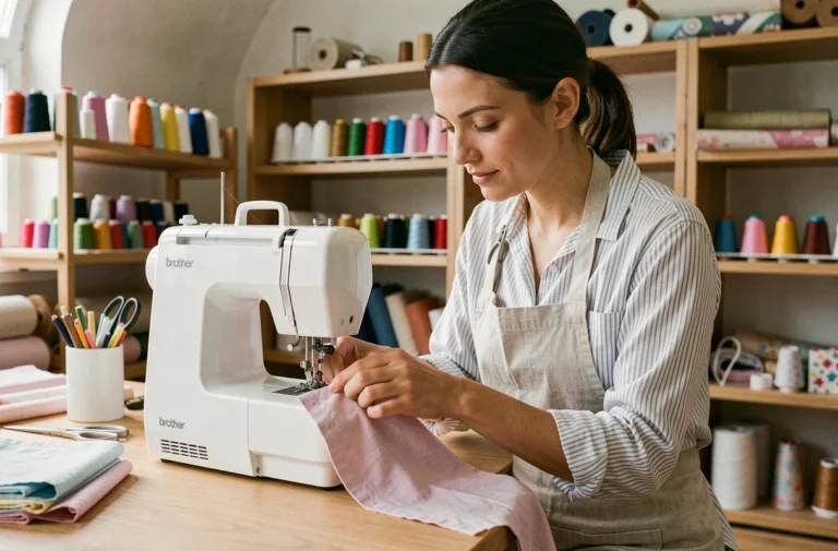 Femme débutante utilisant une machine à coudre Brother KE14 blanche sur un bureau en bois dans un atelier de couture maison