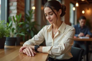 Jeune femme contemplant une montre minimaliste au café