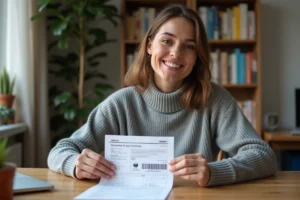 Femme dans un bureau à domicile peelant une étiquette Mondial Relay